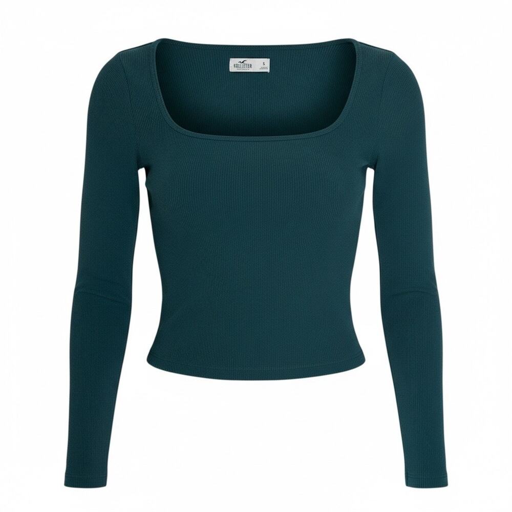 Hollister Women’s S Dark Green Ribbed Long Sleeve Square Neck Crop Baby Tee Y2K